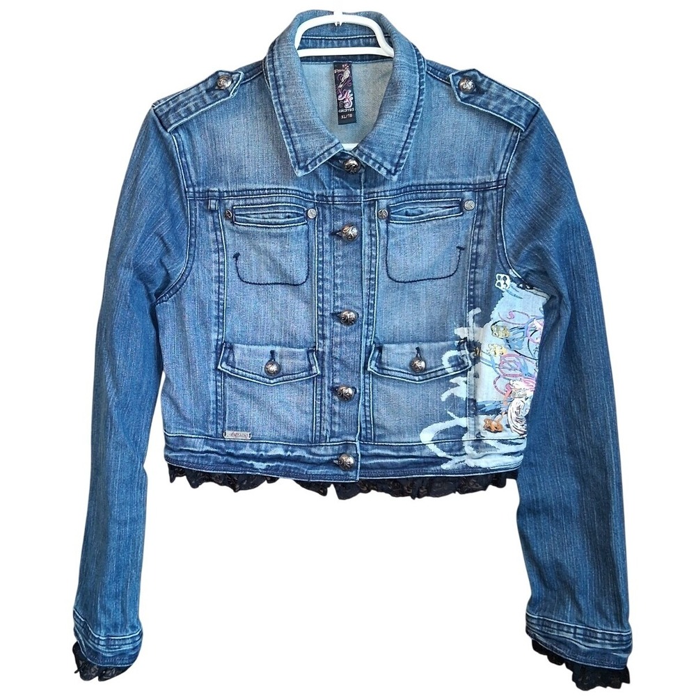 Akdmks Y2K Cropped Denim Jacket Black Lace Trim Buttons Jrs XL EUC